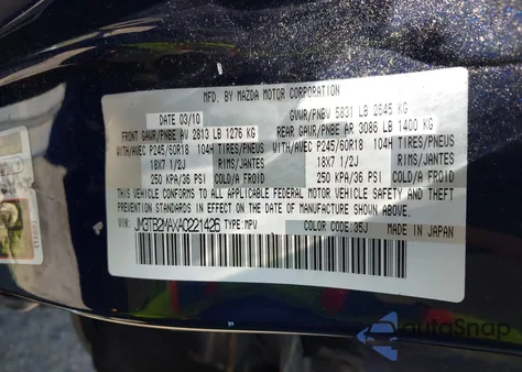 2010 Mazda Cx-9 Touring z USA, uszkodzony, nr VIN JM3TB2MAXA0221426